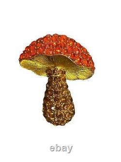 Vintage Rhinestone Mushroom Brooch Orange Multi Gold-tone HFT