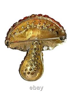 Vintage Rhinestone Mushroom Brooch Orange Multi Gold-tone HFT