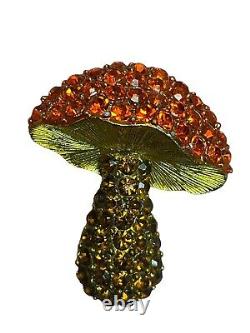 Vintage Rhinestone Mushroom Brooch Orange Multi Gold-tone HFT