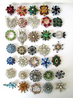 Vintage Rhinestone Pins Brooches Different Colors Shapes & Sizes Lot of 35
