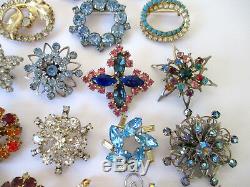 Vintage Rhinestone Pins Brooches Different Colors Shapes & Sizes Lot of 63