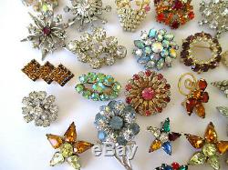 Vintage Rhinestone Pins Brooches Different Colors Shapes & Sizes Lot of 63