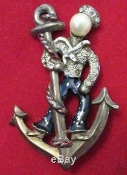 Vintage Rhinestone Sailor Brooch Pin Anchor's Away Leo Glass Figural Book P