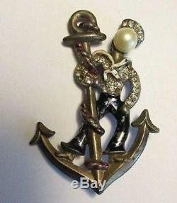 Vintage Rhinestone Sailor Brooch Pin Anchor's Away Leo Glass Figural Book P