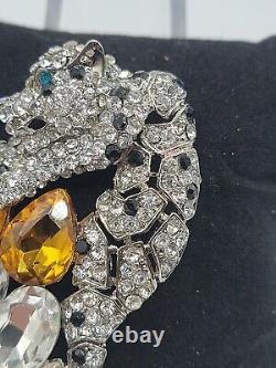 Vintage Rhinestone Snow Leopard Brooch Pin MultiColor Glass Rhinestones Estate