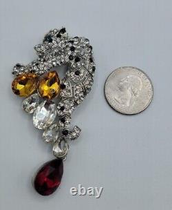 Vintage Rhinestone Snow Leopard Brooch Pin MultiColor Glass Rhinestones Estate