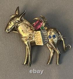 Vintage Rhinestone Sterling Donkey Brooch Pin Large Figural 1940's CoroCraft