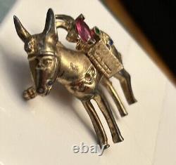 Vintage Rhinestone Sterling Donkey Brooch Pin Large Figural 1940's CoroCraft