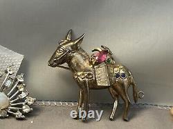 Vintage Rhinestone Sterling Donkey Brooch Pin Large Figural 1940's CoroCraft