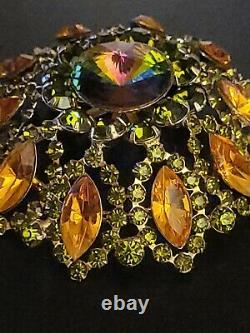 Vintage Rhinestone Watermelon Crystal Large Domed Green Citrine Color Brooch Pin