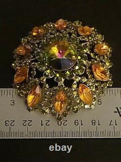 Vintage Rhinestone Watermelon Crystal Large Domed Green Citrine Color Brooch Pin