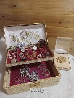 Vintage Rhinestone brooch lot in 1950's Farrington tiered jewelry box