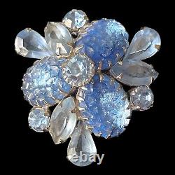 Vintage Rhinestones Brooch Pin Aqua Glass Geode Molded Glass Flower