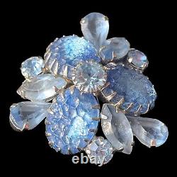 Vintage Rhinestones Brooch Pin Aqua Glass Geode Molded Glass Flower