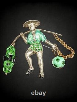 Vintage Rice Weiner Chinese Water Carrier Green Czech Glass Rhinestone Brooch