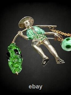 Vintage Rice Weiner Chinese Water Carrier Green Czech Glass Rhinestone Brooch