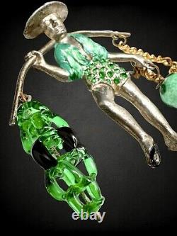 Vintage Rice Weiner Chinese Water Carrier Green Czech Glass Rhinestone Brooch