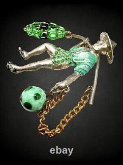 Vintage Rice Weiner Chinese Water Carrier Green Czech Glass Rhinestone Brooch