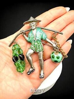 Vintage Rice Weiner Chinese Water Carrier Green Czech Glass Rhinestone Brooch