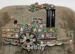 Vintage River Steamboat Pot Metal Rhinestone Brooch Book Piece 1930's