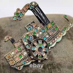 Vintage River Steamboat Pot Metal Rhinestone Brooch Book Piece 1930's