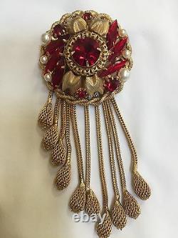 Vintage SCHIAPARELLI Signed Red Rhinestone & Faux Pearl with Gold Mesh Brooch