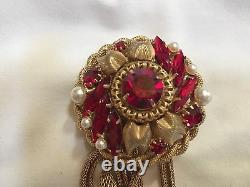 Vintage SCHIAPARELLI Signed Red Rhinestone & Faux Pearl with Gold Mesh Brooch