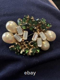 Vintage SCHOFFEL Crown AUSTRIA Crystal & Green Glass Pin Brooch Teardrop Pearls