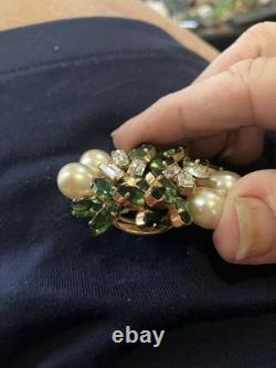 Vintage SCHOFFEL Crown AUSTRIA Crystal & Green Glass Pin Brooch Teardrop Pearls