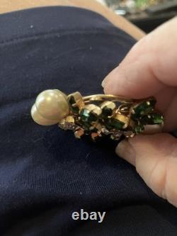 Vintage SCHOFFEL Crown AUSTRIA Crystal & Green Glass Pin Brooch Teardrop Pearls