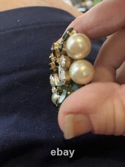 Vintage SCHOFFEL Crown AUSTRIA Crystal & Green Glass Pin Brooch Teardrop Pearls