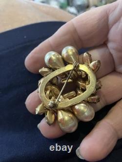 Vintage SCHOFFEL Crown AUSTRIA Crystal & Green Glass Pin Brooch Teardrop Pearls