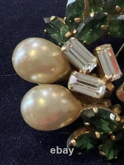 Vintage SCHOFFEL Crown AUSTRIA Crystal & Green Glass Pin Brooch Teardrop Pearls