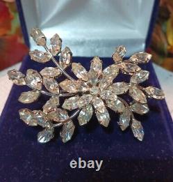 Vintage SCHREINER NY Large Prong Set Clear Rhinestone Layered Flower Pin Brooch