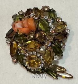 Vintage SHERMAN Unusual MCM Rhinestone & Glass Bead Modernist Domed Brooch