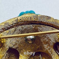Vintage SIGNED JOMAZ BROOCH & CLIP EARRINGS Gold Tone Set Turquoise Cabochons