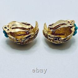 Vintage SIGNED JOMAZ BROOCH & CLIP EARRINGS Gold Tone Set Turquoise Cabochons