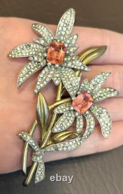 Vintage SIGNED PENNINO Large Floral Pink Clear Pave Rhinestone Brooch Pin