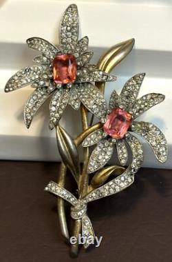 Vintage SIGNED PENNINO Large Floral Pink Clear Pave Rhinestone Brooch Pin