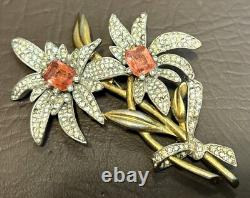 Vintage SIGNED PENNINO Large Floral Pink Clear Pave Rhinestone Brooch Pin