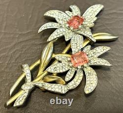 Vintage SIGNED PENNINO Large Floral Pink Clear Pave Rhinestone Brooch Pin