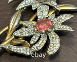 Vintage SIGNED PENNINO Large Floral Pink Clear Pave Rhinestone Brooch Pin