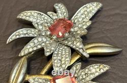 Vintage SIGNED PENNINO Large Floral Pink Clear Pave Rhinestone Brooch Pin