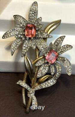 Vintage SIGNED PENNINO Large Floral Pink Clear Pave Rhinestone Brooch Pin