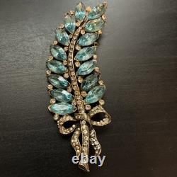 Vintage STARET Signed Aqua Rhinestone Leaf Bow Brooch Mid Century Statement