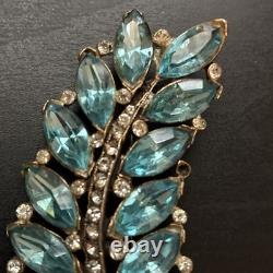 Vintage STARET Signed Aqua Rhinestone Leaf Bow Brooch Mid Century Statement