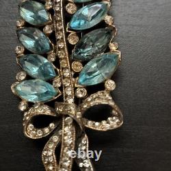 Vintage STARET Signed Aqua Rhinestone Leaf Bow Brooch Mid Century Statement