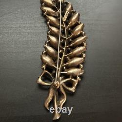 Vintage STARET Signed Aqua Rhinestone Leaf Bow Brooch Mid Century Statement