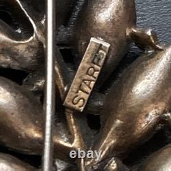 Vintage STARET Signed Aqua Rhinestone Leaf Bow Brooch Mid Century Statement