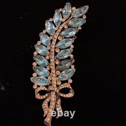 Vintage STARET Signed Aqua Rhinestone Leaf Bow Brooch Mid Century Statement